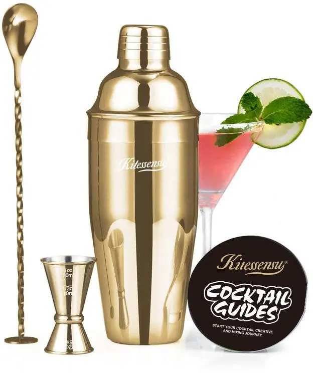 Main image of Cocktail Shaker Set, Stainless Steel Bartending Kit with 25 Ounce Cocktail Shaker with Built in Drink Strainer, Measuring Jigger, Mixing Spoon & Drink Recipe Guide, Gold