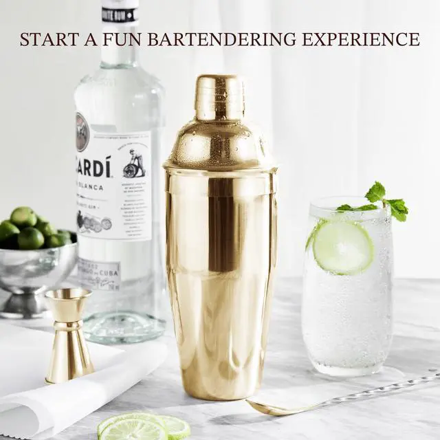 Alt view image 2 of 7 - Cocktail Shaker Set, Stainless Steel Bartending Kit with 25 Ounce Cocktail Shaker with Built in Drink Strainer, Measuring Jigger, Mixing Spoon & Drink Recipe Guide, Gold