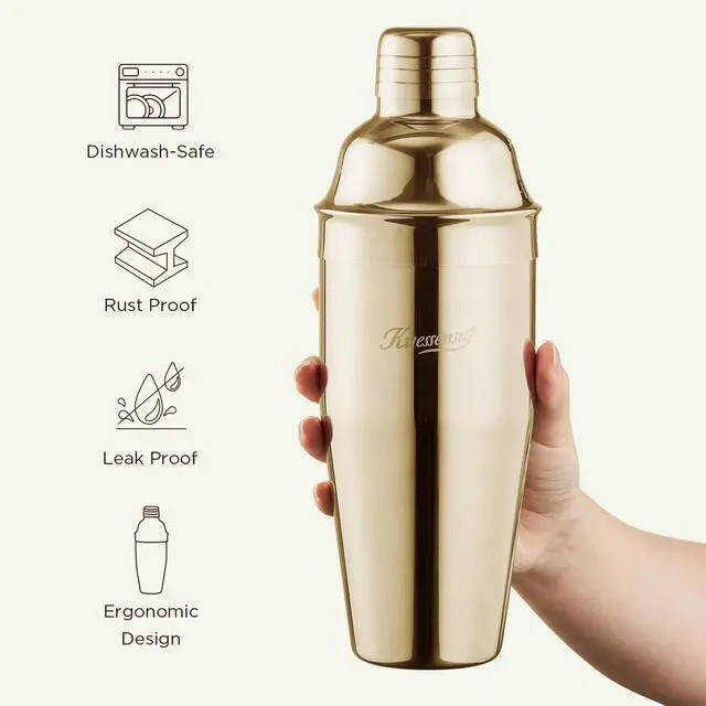 Alt view image 3 of 7 - Cocktail Shaker Set, Stainless Steel Bartending Kit with 25 Ounce Cocktail Shaker with Built in Drink Strainer, Measuring Jigger, Mixing Spoon & Drink Recipe Guide, Gold