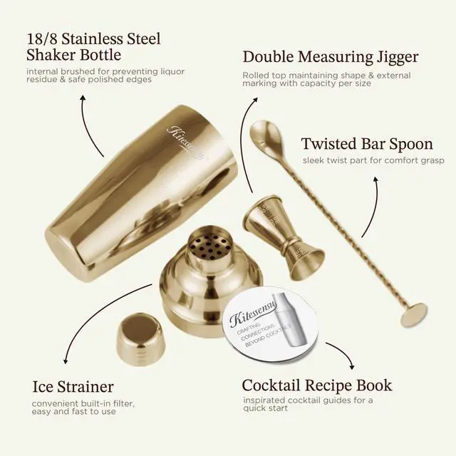 Alt view image 5 of 7 - Cocktail Shaker Set, Stainless Steel Bartending Kit with 25 Ounce Cocktail Shaker with Built in Drink Strainer, Measuring Jigger, Mixing Spoon & Drink Recipe Guide, Gold