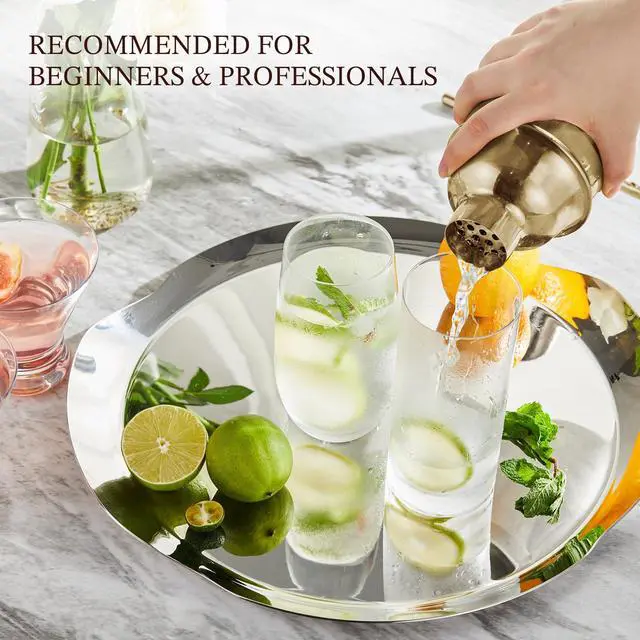 Alt view image 7 of 7 - Cocktail Shaker Set, Stainless Steel Bartending Kit with 25 Ounce Cocktail Shaker with Built in Drink Strainer, Measuring Jigger, Mixing Spoon & Drink Recipe Guide, Gold