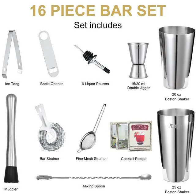 Alt view image 3 of 6 - Cocktail Shaker Set, 16 Piece Bartender Kit, Cocktail Shaker, Stainless Steel Bar Set Accessories, Coktail Set, Boston Shaker, Drink Mixer Shaker, Bartending Bar Tools with Muddler Spoon Jigger