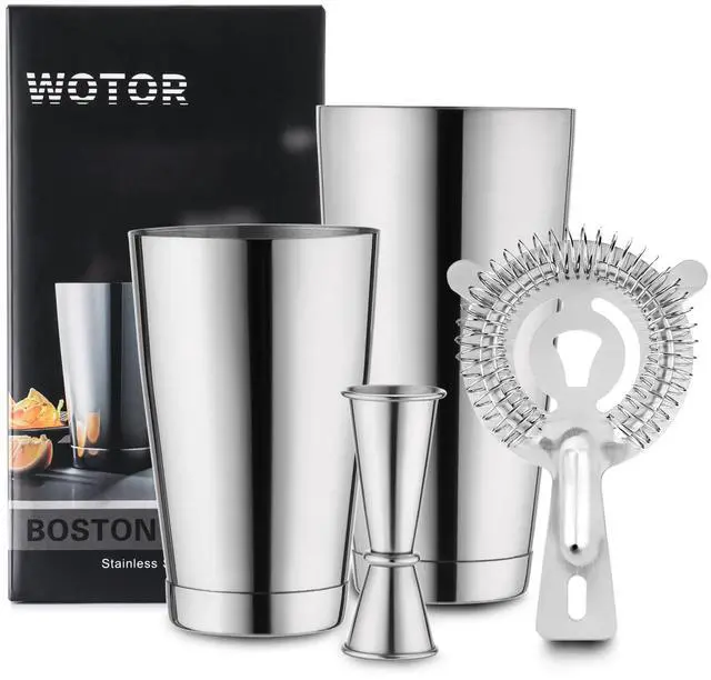 Main image of Boston Cocktail Shaker Set, 18 oz & 28 oz Stainless Steel Weighted Shaker Tins, Strainer, Double Measuring Jigger, Professional Bar Tools for Bartender (Silver)