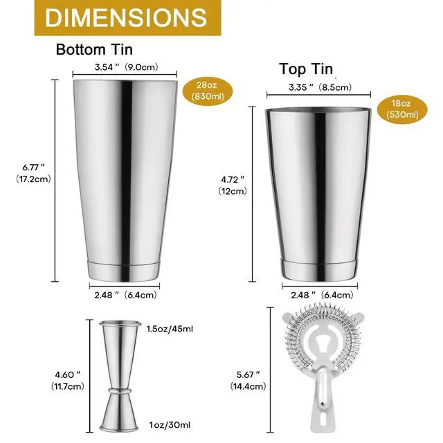 Alt view image 7 of 7 - Boston Cocktail Shaker Set, 18 oz & 28 oz Stainless Steel Weighted Shaker Tins, Strainer, Double Measuring Jigger, Professional Bar Tools for Bartender (Silver)