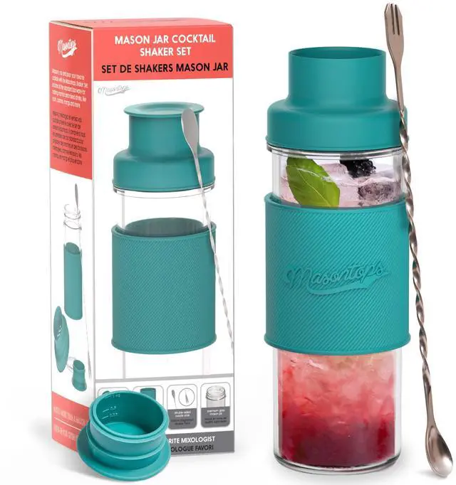 Main image of Cocktail Shaker Set Glass Mason Jar Drink Shaker 4 PC Set with Metal Swizzle Stick - Teal