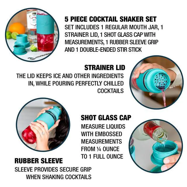 Alt view image 3 of 6 - Cocktail Shaker Set Glass Mason Jar Drink Shaker 4 PC Set with Metal Swizzle Stick - Teal