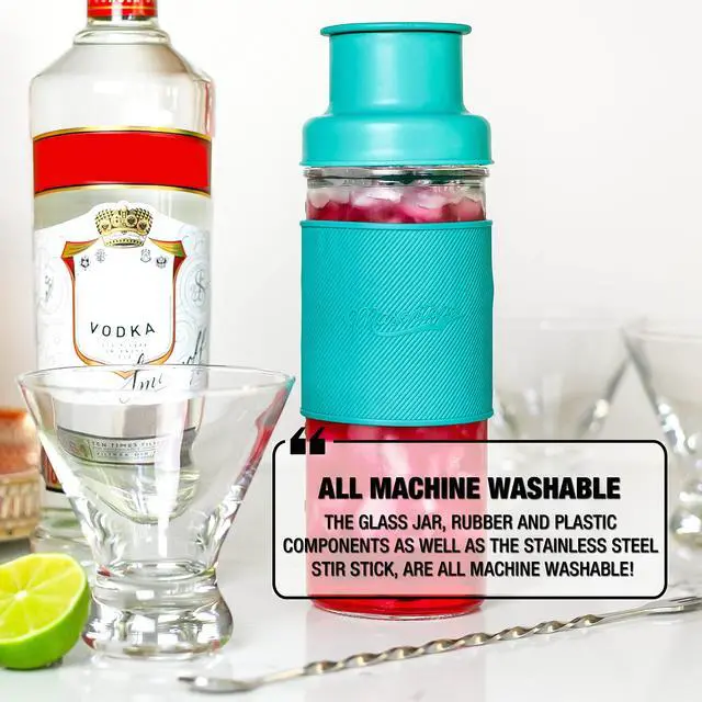 Alt view image 5 of 6 - Cocktail Shaker Set Glass Mason Jar Drink Shaker 4 PC Set with Metal Swizzle Stick - Teal