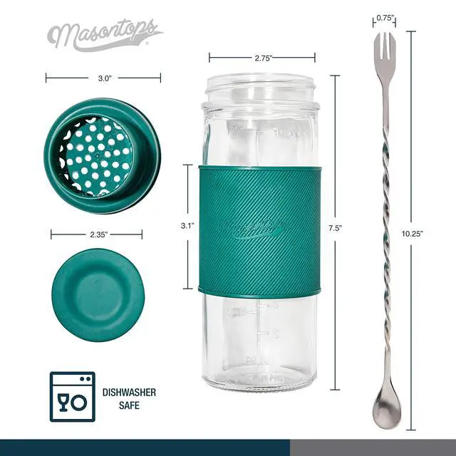 Alt view image 6 of 6 - Cocktail Shaker Set Glass Mason Jar Drink Shaker 4 PC Set with Metal Swizzle Stick - Teal