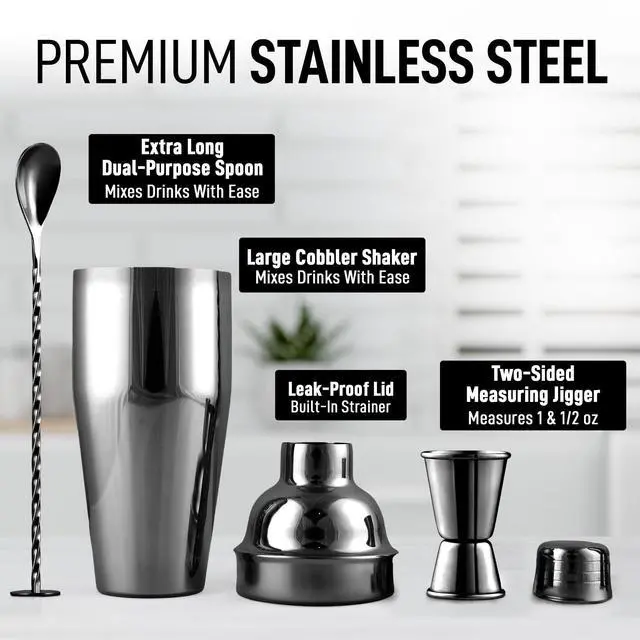 Alt view image 2 of 7 - Large 24 oz Stainless Steel Cocktail Shaker Set - Mixed Drink Shaker - Martini Shaker Set with Built in Strainer, Double Sided Jigger & Combo Muddler Mixing Spoon - Pro Margarita Shaker - By Zulay