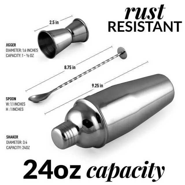 Alt view image 5 of 7 - Large 24 oz Stainless Steel Cocktail Shaker Set - Mixed Drink Shaker - Martini Shaker Set with Built in Strainer, Double Sided Jigger & Combo Muddler Mixing Spoon - Pro Margarita Shaker - By Zulay