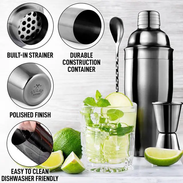 Alt view image 7 of 7 - Large 24 oz Stainless Steel Cocktail Shaker Set - Mixed Drink Shaker - Martini Shaker Set with Built in Strainer, Double Sided Jigger & Combo Muddler Mixing Spoon - Pro Margarita Shaker - By Zulay