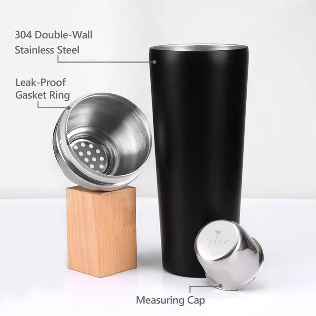 Alt view image 3 of 7 - Insulated Cocktail Shaker Black - 23oz Double Wall Vacuum Stainless Steel Martini Shaker with Built-in Strainer & Jigger Lid, Pro Leak-Proof Weighted Shaker for Home Bar, Premium Bar Gift Set
