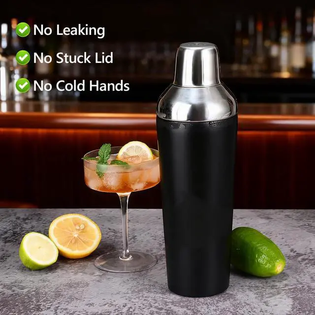 Alt view image 4 of 7 - Insulated Cocktail Shaker Black - 23oz Double Wall Vacuum Stainless Steel Martini Shaker with Built-in Strainer & Jigger Lid, Pro Leak-Proof Weighted Shaker for Home Bar, Premium Bar Gift Set