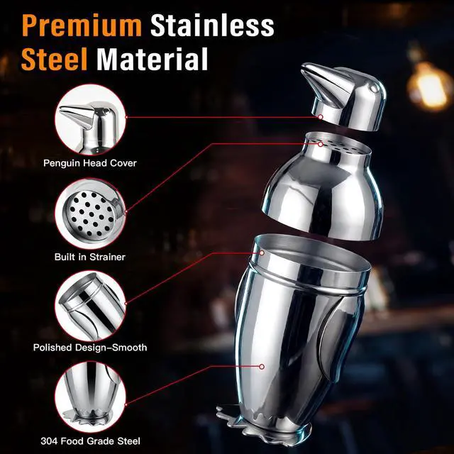Alt view image 2 of 7 - Penguin Cocktail Shaker with Strainer, Bar Essentials, Bartender Shaker and Strainer Set, Stainless Steel Shaker Bottle, 17 oz