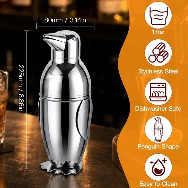 Alt view image 3 of 7 - Penguin Cocktail Shaker with Strainer, Bar Essentials, Bartender Shaker and Strainer Set, Stainless Steel Shaker Bottle, 17 oz