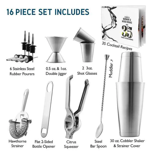 Alt view image 2 of 7 - Bar Set Cocktail Shaker Set, Stainless Steel Mixology Bartender Kit, 16 Piece Cocktail Kit, Silver Cocktail Set, Bar Tools: 30oz Martini Shaker, Muddler, Bar Kit Cocktail Book, Jigger and Pourers