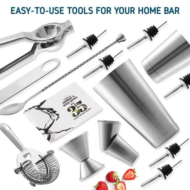 Alt view image 6 of 7 - Bar Set Cocktail Shaker Set, Stainless Steel Mixology Bartender Kit, 16 Piece Cocktail Kit, Silver Cocktail Set, Bar Tools: 30oz Martini Shaker, Muddler, Bar Kit Cocktail Book, Jigger and Pourers