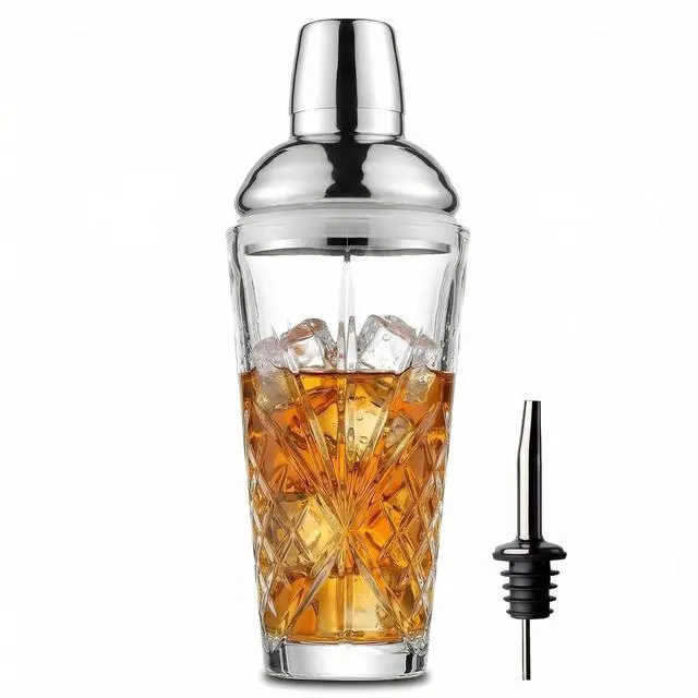 Main image of Crystal Cut Glass Cocktail Shaker with #304 Lid & Built-in Strainer, 18.5oz Premium Lead-Free Martini Shaker with Bonus Liquor Pour Spout, Elegant Barware for Home Bar,Gift for Cocktail Lovers