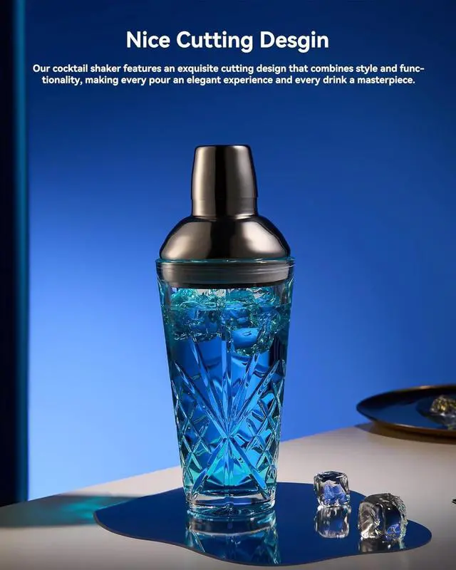 Alt view image 7 of 7 - Crystal Cut Glass Cocktail Shaker with #304 Lid & Built-in Strainer, 18.5oz Premium Lead-Free Martini Shaker with Bonus Liquor Pour Spout, Elegant Barware for Home Bar,Gift for Cocktail Lovers