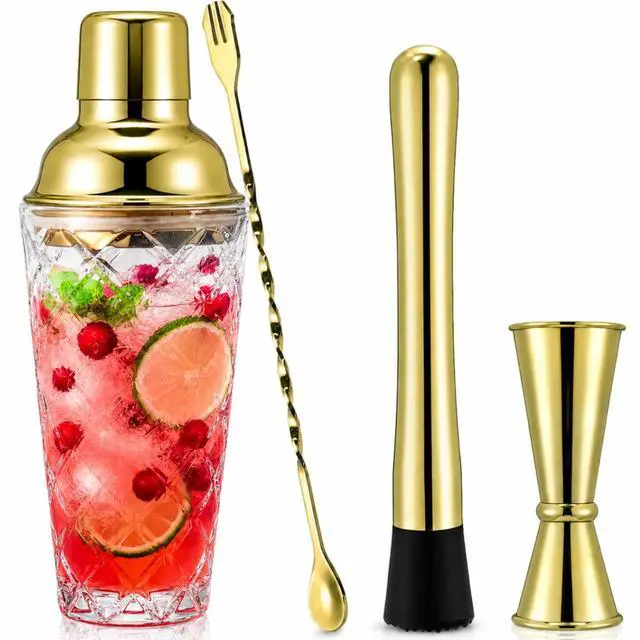 Main image of 4 Pcs Cocktail Shaker, Martini Shaker Set, Glass Gold Bartender Kit with Measuring Jigger, Mixing Spoon, and Muddler, Professional Margarita Mixer for Home Bar