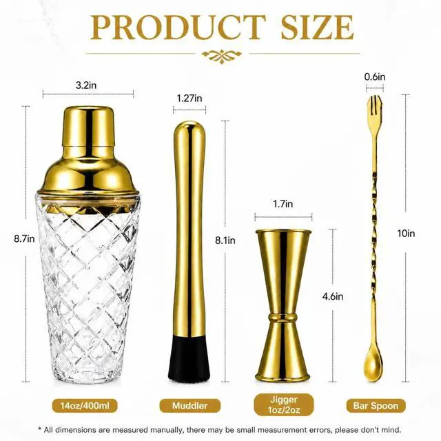 Alt view image 2 of 7 - 4 Pcs Cocktail Shaker, Martini Shaker Set, Glass Gold Bartender Kit with Measuring Jigger, Mixing Spoon, and Muddler, Professional Margarita Mixer for Home Bar