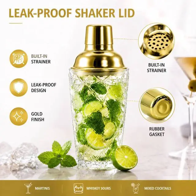 Alt view image 3 of 7 - 4 Pcs Cocktail Shaker, Martini Shaker Set, Glass Gold Bartender Kit with Measuring Jigger, Mixing Spoon, and Muddler, Professional Margarita Mixer for Home Bar