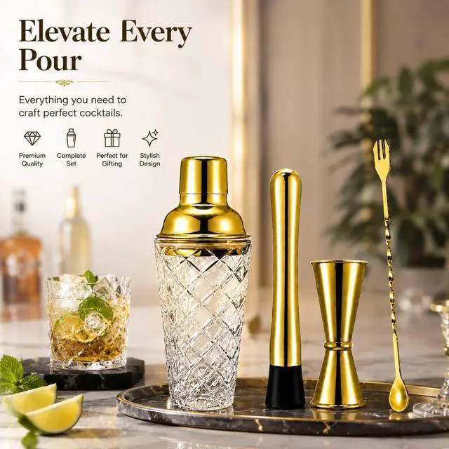 Alt view image 4 of 7 - 4 Pcs Cocktail Shaker, Martini Shaker Set, Glass Gold Bartender Kit with Measuring Jigger, Mixing Spoon, and Muddler, Professional Margarita Mixer for Home Bar