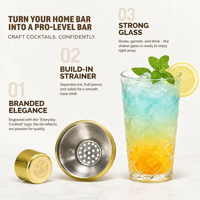 Alt view image 5 of 7 - 4 Pcs Cocktail Shaker, Martini Shaker Set, Glass Gold Bartender Kit with Measuring Jigger, Mixing Spoon, and Muddler, Professional Margarita Mixer for Home Bar