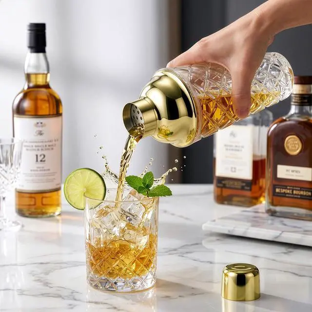 Alt view image 7 of 7 - 4 Pcs Cocktail Shaker, Martini Shaker Set, Glass Gold Bartender Kit with Measuring Jigger, Mixing Spoon, and Muddler, Professional Margarita Mixer for Home Bar