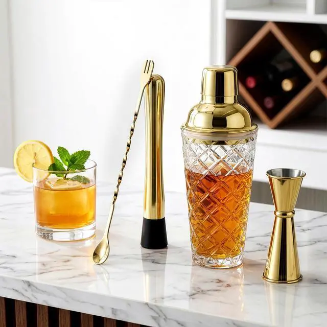 Alt view image 6 of 7 - 4 Pcs Cocktail Shaker, Martini Shaker Set, Glass Gold Bartender Kit with Measuring Jigger, Mixing Spoon, and Muddler, Professional Margarita Mixer for Home Bar