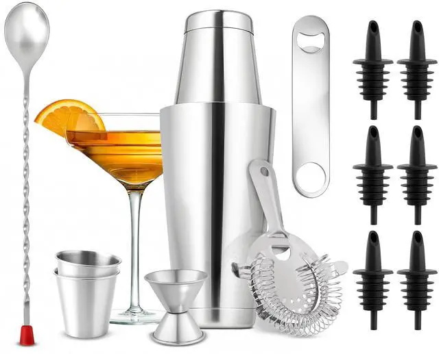 Main image of Mixology Bartender Cocktail Shaker Set - Includes 15 & 30 oz Stainless Steel Shakers, 6 Bottle Pourers & More - Essential Martini Making Kit - Drink Mixing Set - 15 Piece Cocktail Bar Set