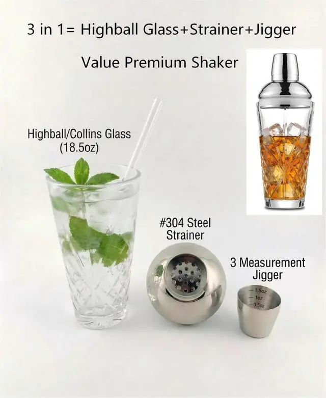 Alt view image 2 of 7 - Cut Crystal Cocktail Shaker with 0.5-1-1.5oz Measured Jigger Cap