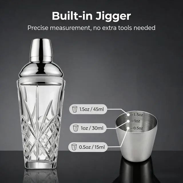 Alt view image 4 of 7 - Cut Crystal Cocktail Shaker with 0.5-1-1.5oz Measured Jigger Cap