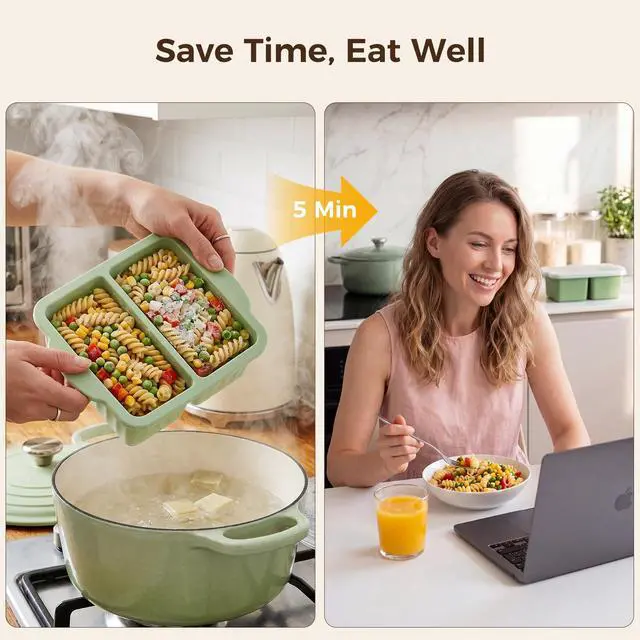 Alt view image 3 of 7 - Silicone Freezer Trays with Lids, 2-Cavity Soup Molds with Reinforced Steel Rim, Versatile 1-Cup Per Compartment (5-Pack) for Broth, Sauce, Leftovers & Large Ice Cubes, Oven & Dishwasher Safe