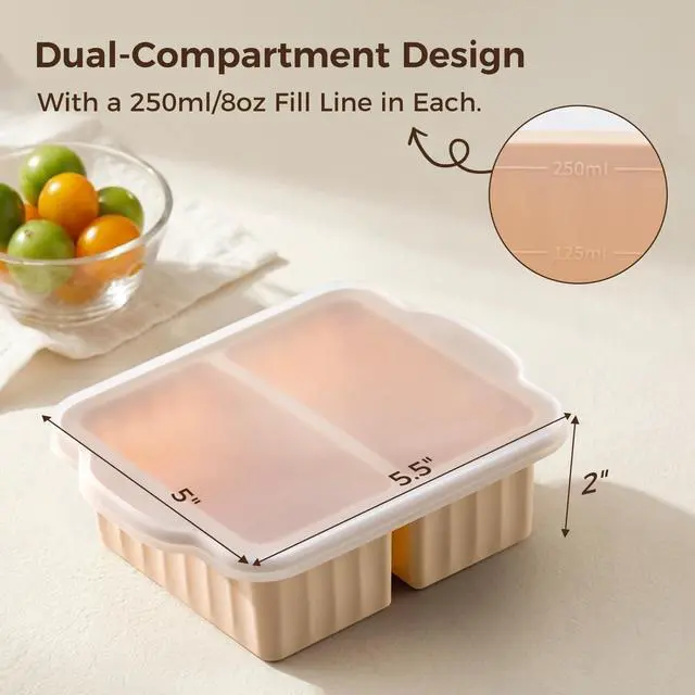Alt view image 2 of 7 - Silicone Freezer Trays with Lids, 2-Cavity Soup Molds with Reinforced Steel Rim, Versatile 1-Cup Per Compartment (5-Pack) for Broth, Sauce, Leftovers & Large Ice Cubes, Oven & Dishwasher Safe