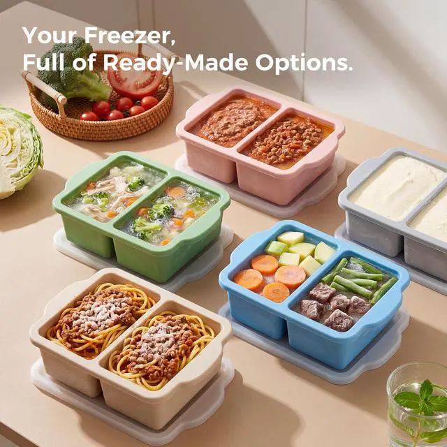 Alt view image 4 of 7 - Silicone Freezer Trays with Lids, 2-Cavity Soup Molds with Reinforced Steel Rim, Versatile 1-Cup Per Compartment (5-Pack) for Broth, Sauce, Leftovers & Large Ice Cubes, Oven & Dishwasher Safe
