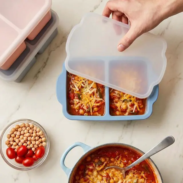 Alt view image 7 of 7 - Silicone Freezer Trays with Lids, 2-Cavity Soup Molds with Reinforced Steel Rim, Versatile 1-Cup Per Compartment (5-Pack) for Broth, Sauce, Leftovers & Large Ice Cubes, Oven & Dishwasher Safe
