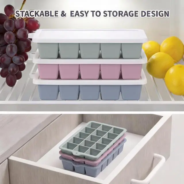 Alt view image 5 of 7 - Silicone Ice Cube Tray 3 Pack, Ice Cube Mold, Ice Trays for Freezer with Lid for Whiskey, Cocktail, Drinks and Food, Freezer, BPA Free, Easy Release