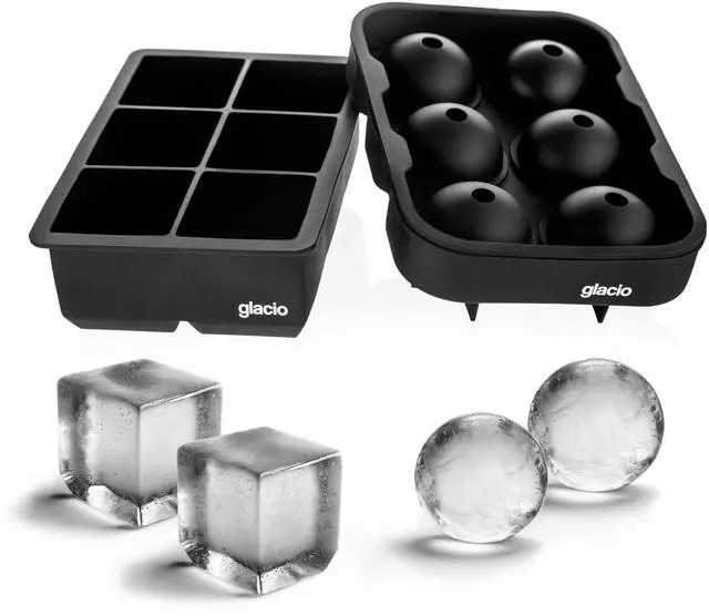 Main image of Silicone Ice Cube Trays with Lids, Large 2 Inch Cubes & Spheres Set