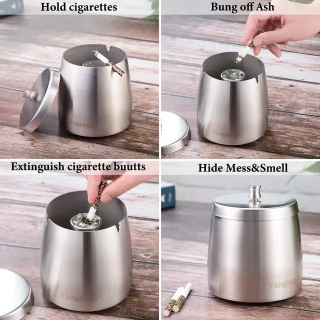 Alt view image 6 of 7 - Outdoor Ashtray with Lid for Cigarettes,XL Large Stainless Steel Ash Tray