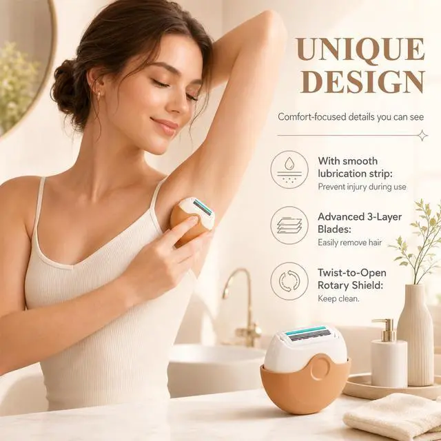 Alt view image 2 of 7 - 2Pcs Portable 3-Layer Hair Shaver with Rotating Cover, Mini Triple-Blade Razor & Shaver for Women, with Smooth Moisture Strip for Legs, Face Underarms, Brown