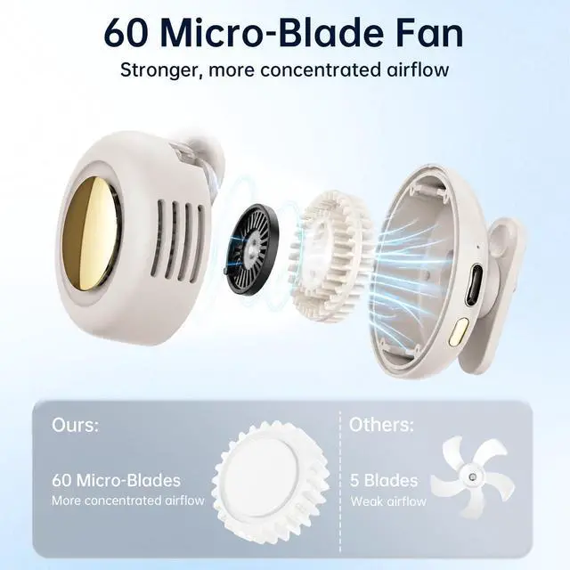 Alt view image 3 of 7 - Portable Mini Bladeless Clip-On Fan 3 Speeds Silent 360° Rotatable Cooling Fan for Shirt & Waist Rechargeable Clip On Fan for Outdoor Travel Office (White)