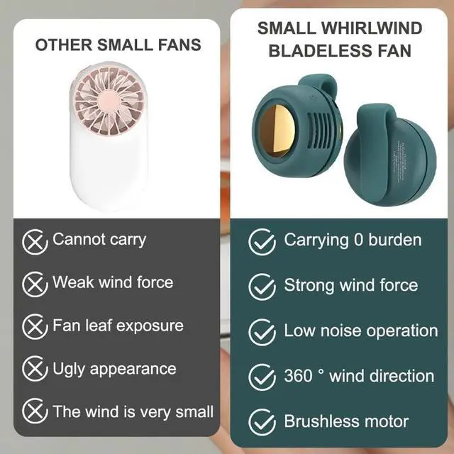 Alt view image 6 of 7 - Portable Silent Mini Bladeless Fan Clip On,Small Clip Fan, Adjustable 3 Speeds Suspended, Waist Fans forclip onfan for shirt Suitable for Outdoor & Travel & Office (Green)