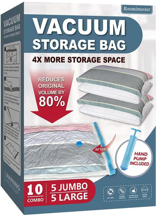 Main image of Vacuum Storage Bags, Vacuum Seal Space Saver Bags for Clothing, Travel Lugggage, Carry-on, Blankets, Comforters, Pillow, Bedding, 10 Combo