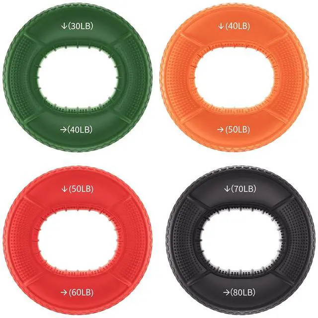 Main image of Hand Grip Strengthener Rings - 4 Pack Finger Exerciser Grip Strength Trainer Silicone Squeezer Gripper for Muscle Strengthening Training Forearm Grip Workout Stress Relief Rehabilitation 30LB-80LB