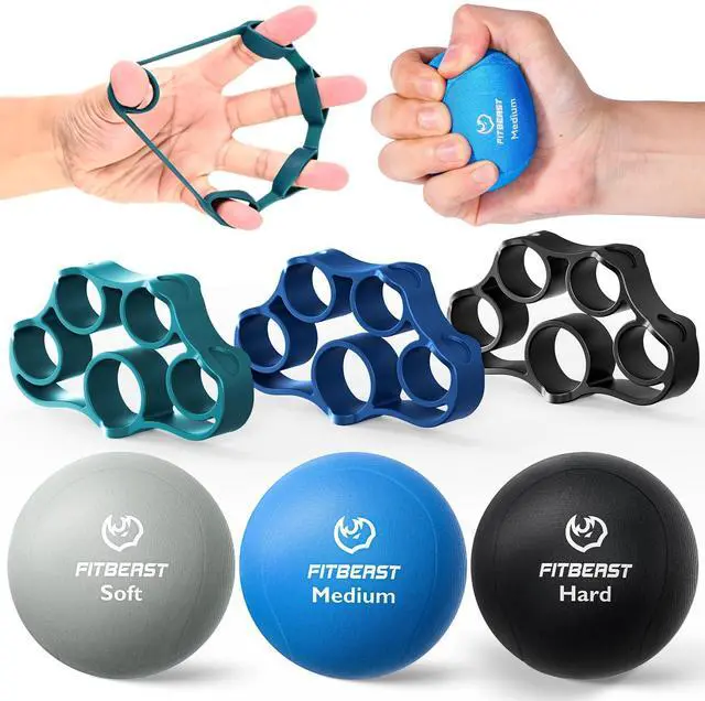 Main image of Grip Strength Trainer 6 Pieces Hand Therapy Kit with Finger Extension Exerciser & Stress Balls for Adults, Rehab & Strength Training for Men, Women, and Seniors (6-Piece Cool Tones)