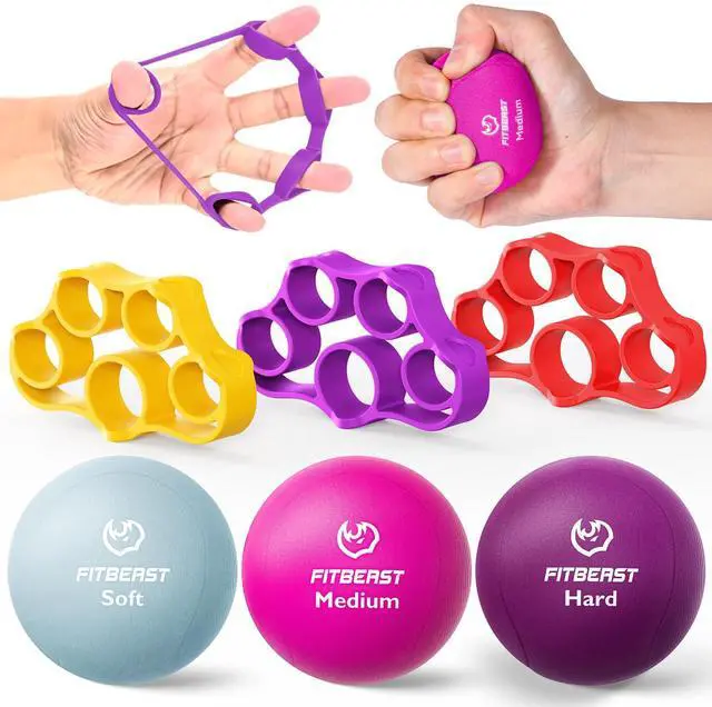 Main image of Grip Strength Trainer 6 Pieces Hand Therapy Kit with Finger Extension Exerciser & Stress Balls for Adults, Rehab & Strength Training for Men, Women, and Seniors (6-Piece Bright Tones)