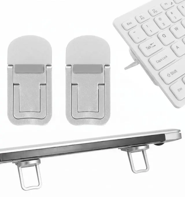 Main image of 2 PCS Keyboard Feet, Foldable Keyboard Lifter with Dual Tilt Angle Adjustment for Most Keyboards, Self-Adhesive Computer Keyboards Riser (Silver-White, 2.4 X 1.2 in)