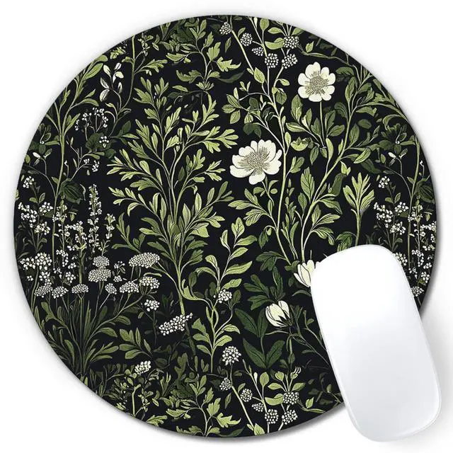 Main image of Floral Green Plant Mouse Pad, Vintage White Flower Botanical Cottagecore Mousepad Mouse Mat with Non-Slip Rubber Base for Home Office Desk Accessories, Green Office Supplies, 7.9x7.9 Inch