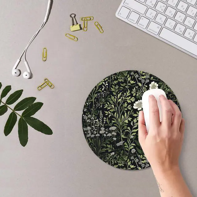 Alt view image 3 of 6 - Floral Green Plant Mouse Pad, Vintage White Flower Botanical Cottagecore Mousepad Mouse Mat with Non-Slip Rubber Base for Home Office Desk Accessories, Green Office Supplies, 7.9x7.9 Inch